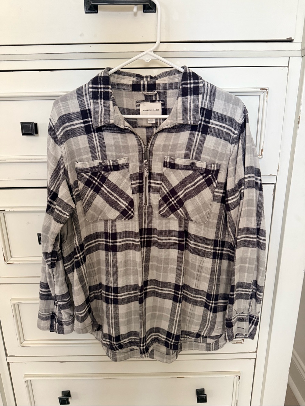 American Eagle Outfitters Gray/Black/Cream Plaid Half-Zip Button-Down Shirt
